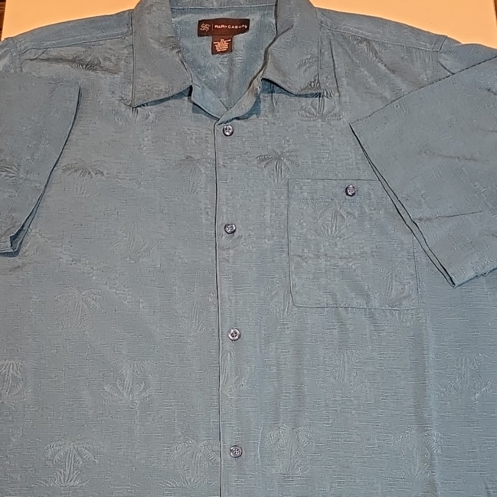 R&R Casual Branded Palm Tree Design Button Up Shirt Dark Turquoise Blueish